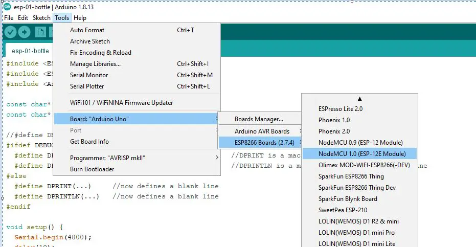 select nodemcu esp-12e board