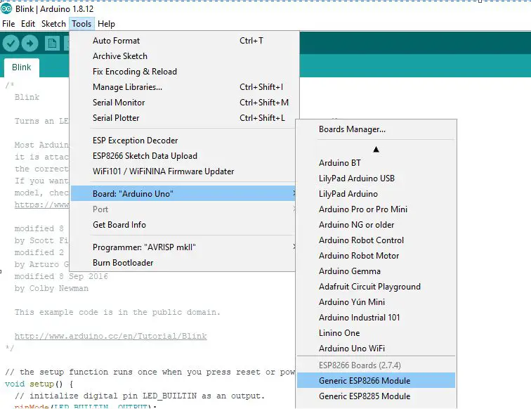 Arduino IDE - Select Generic ESP8266 Module