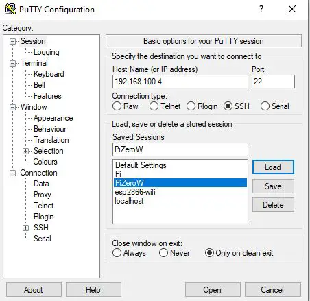 Putty Raspberry Pi Connection