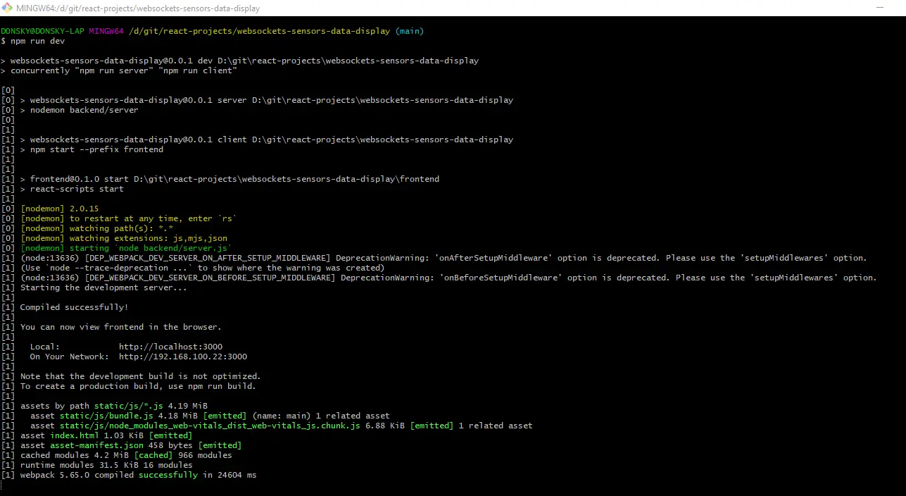 Display Real Time Sensor Data Using Websockets - npm run dev