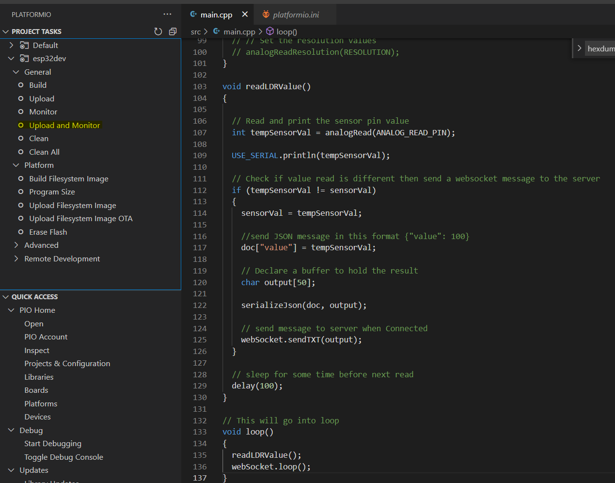 Display Real Time Sensor Data Using Websockets - Upload PlatformIO