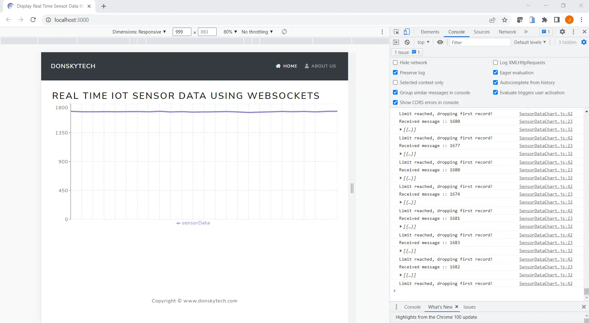 Display Real Time Sensor Data Using Websockets - Browser console logs