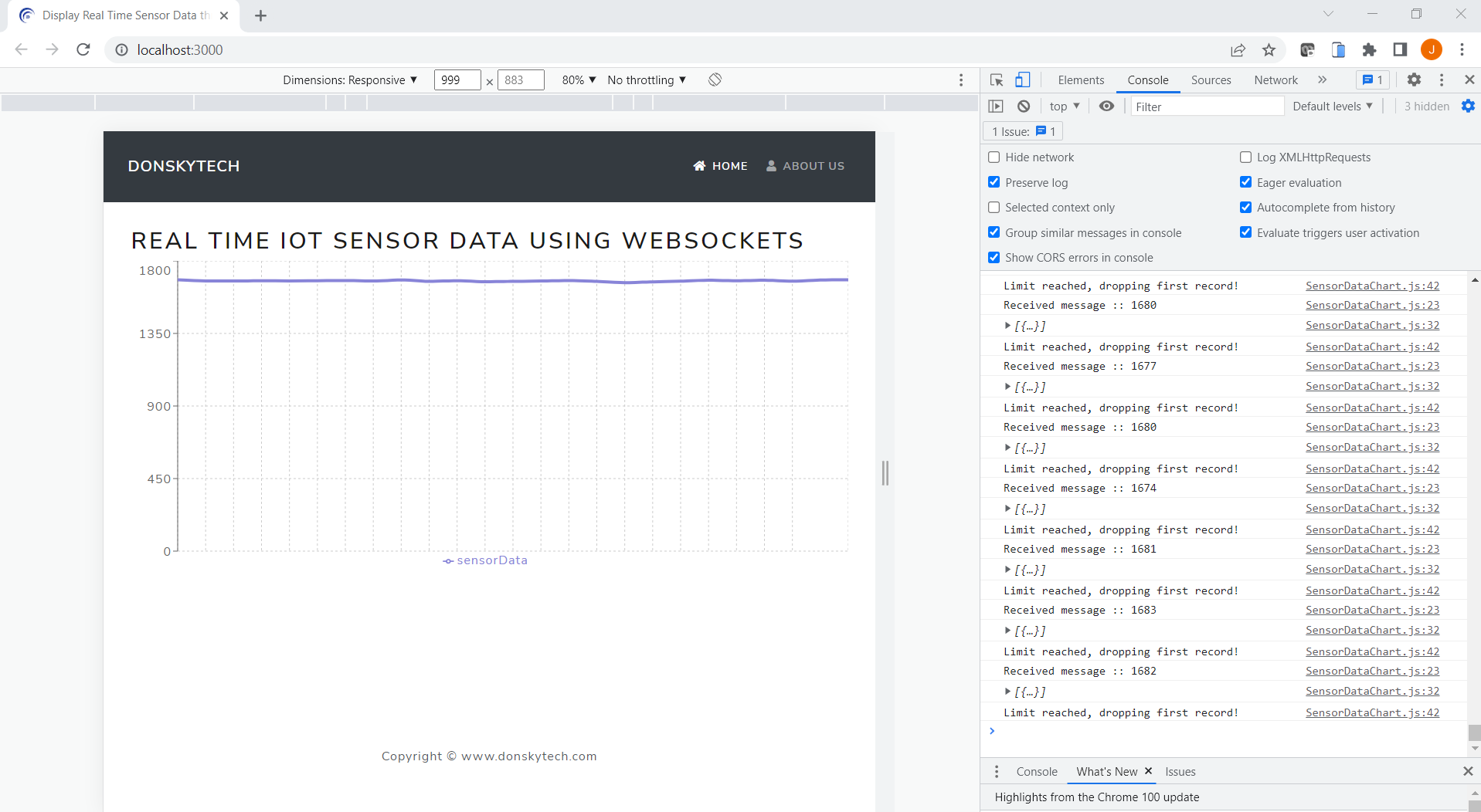 Display Real Time Sensor Data Using Websockets - Browser console logs