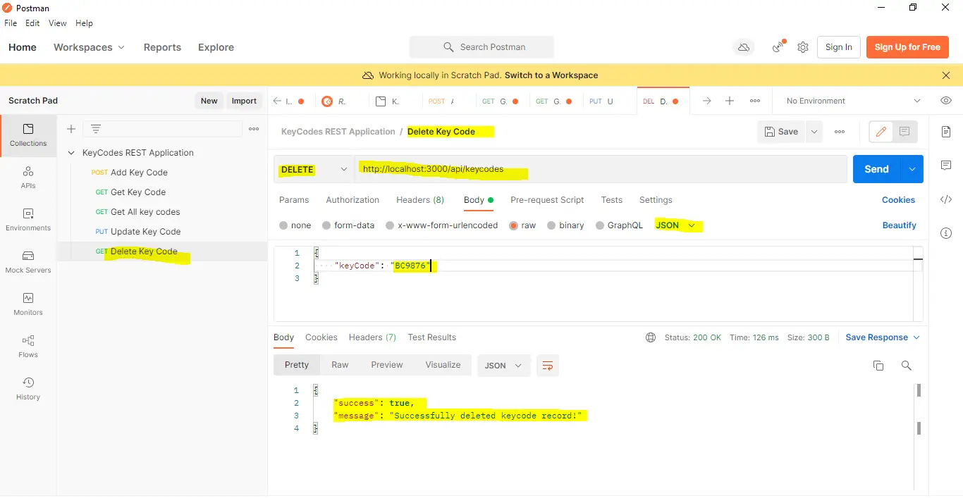 Postman Delete Key Code