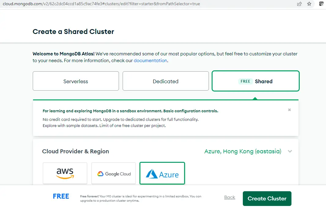 mongodb create cluster region