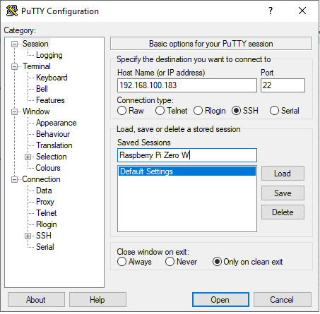 putty - connect to raspberry pi