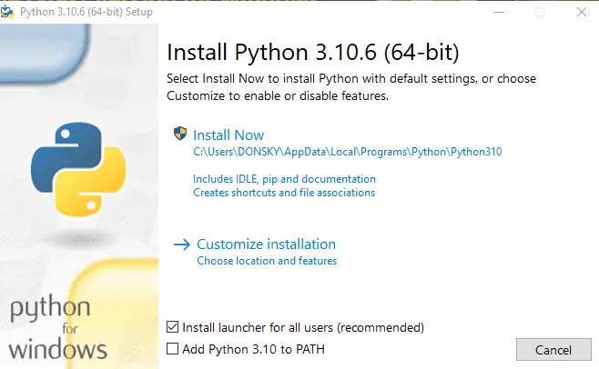 Install Python Windows - First Screen