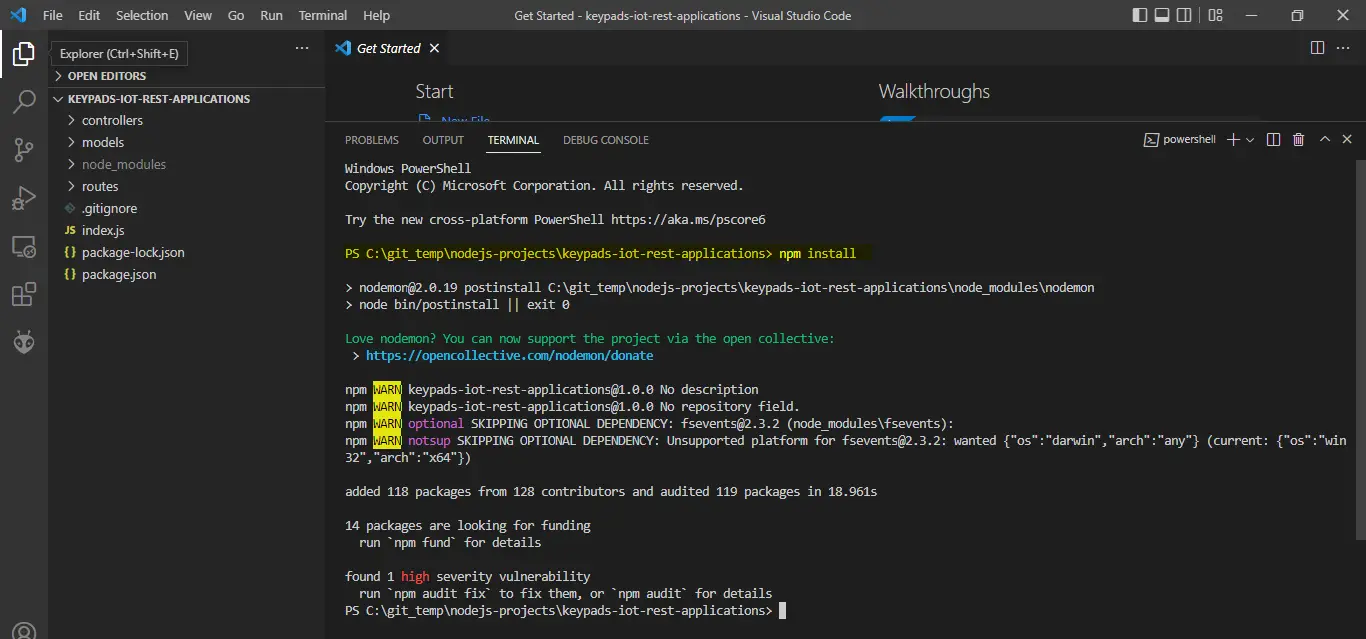REST API Server - Keycodes - Visual Studio Code - npm install