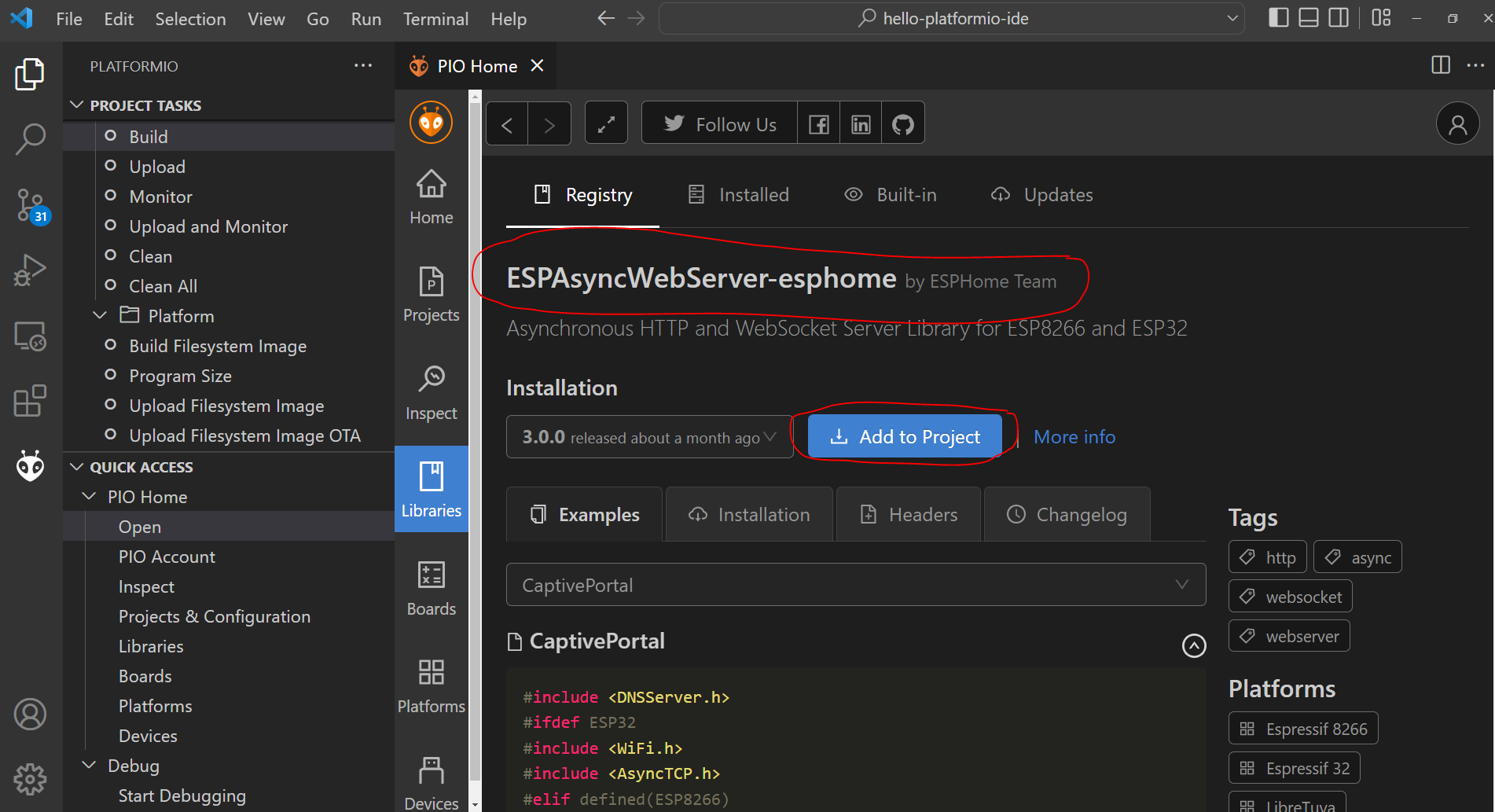 PlatformIO - Add ESPAsynWebServer Library