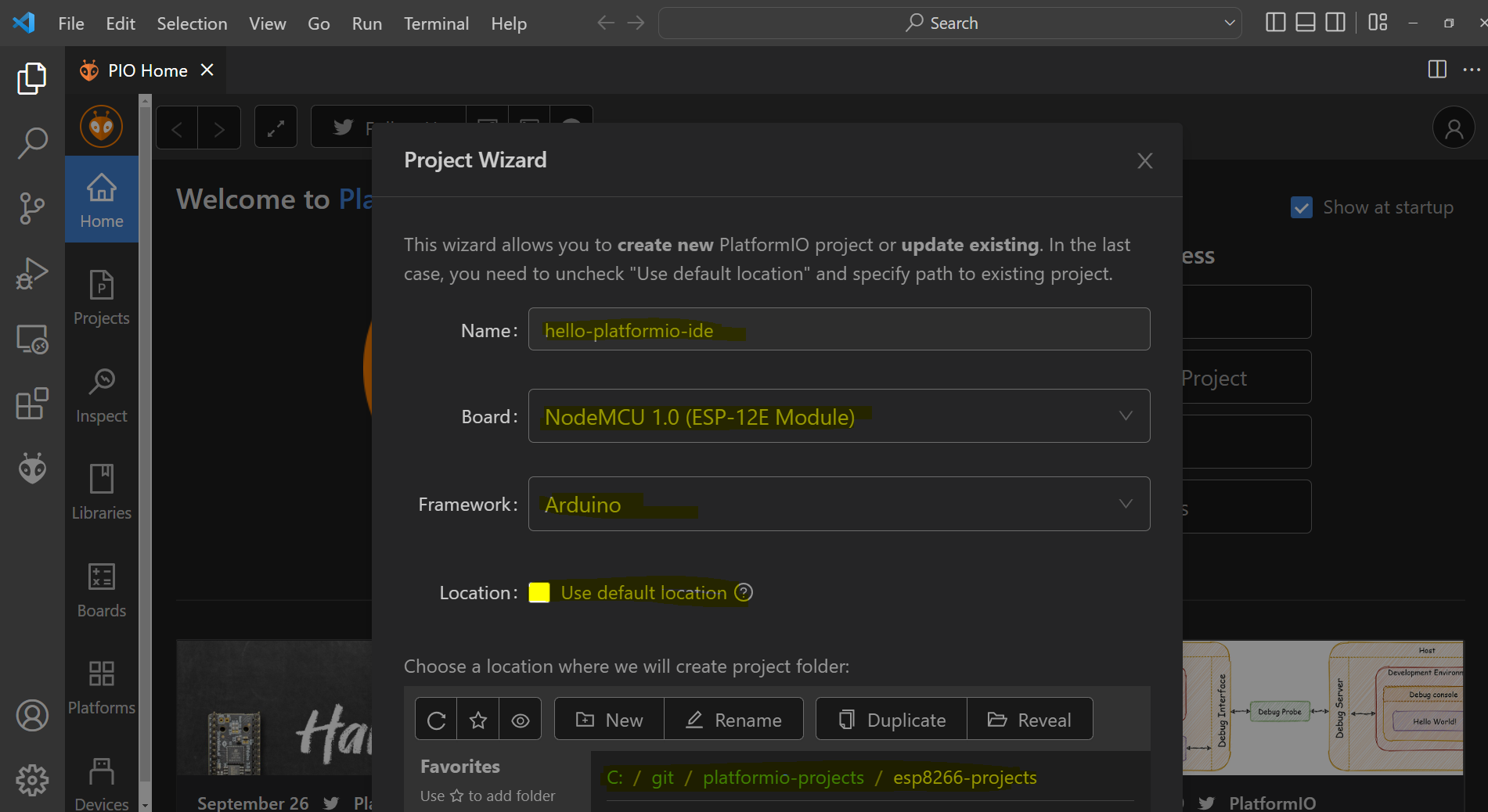 PlatformIO - Project Wizard