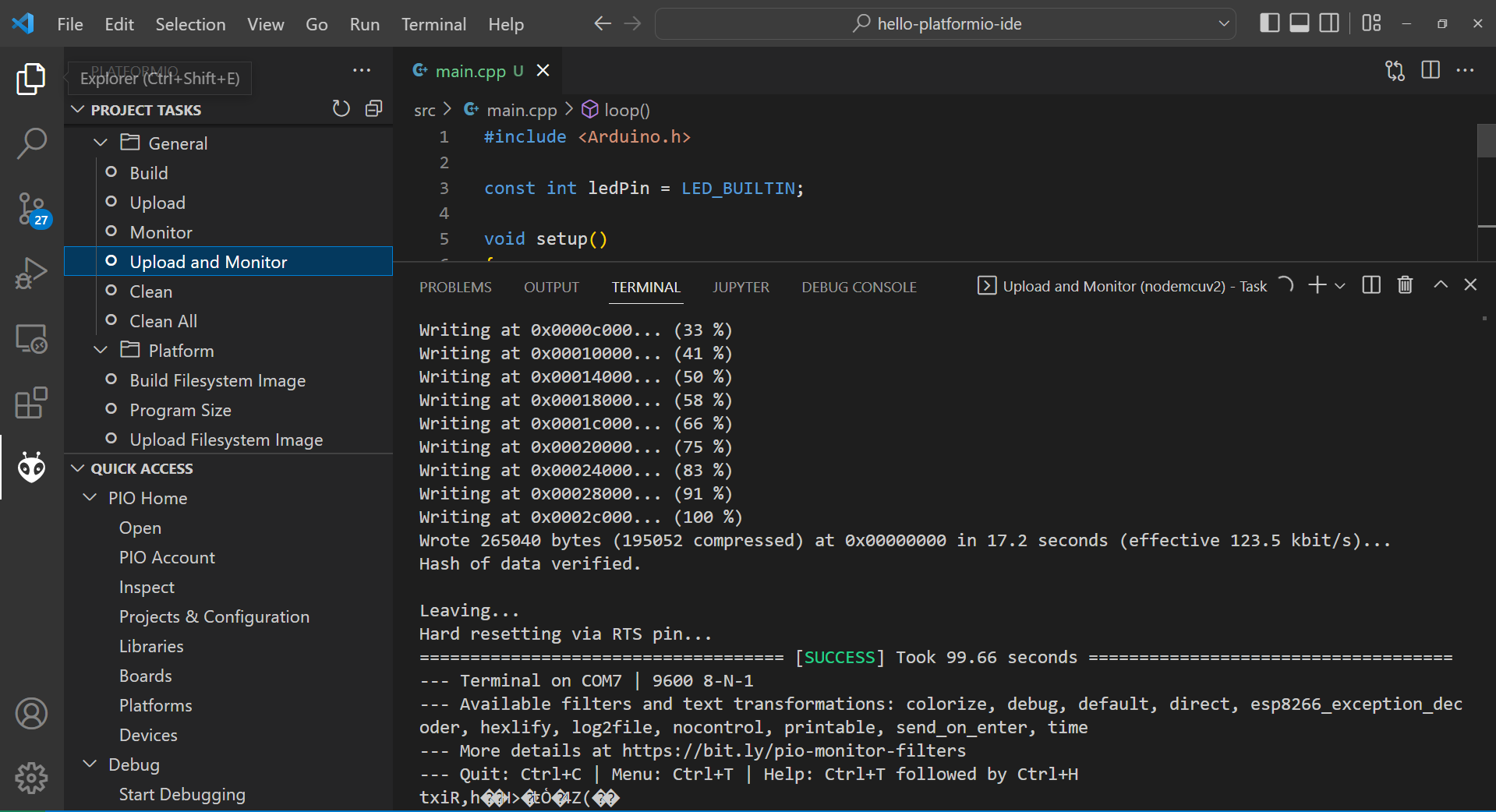 PlatformIO Terminal Upload Success