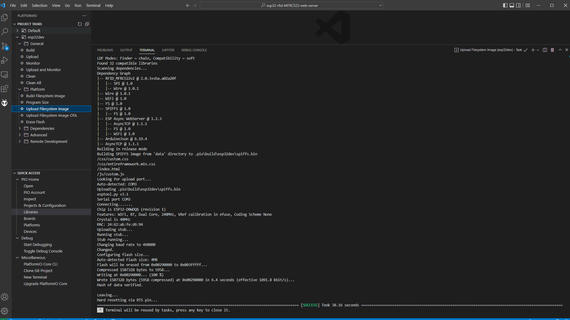 PlatformIO - Upload FileSystem Terminal