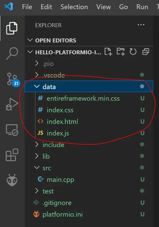 PlatformIO - data folder in file explorer