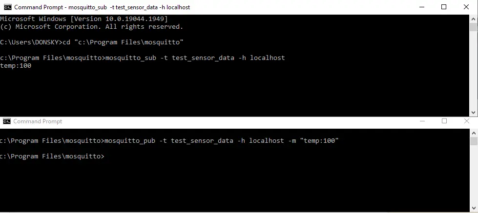 mqtt test publish-subscribe command prompt