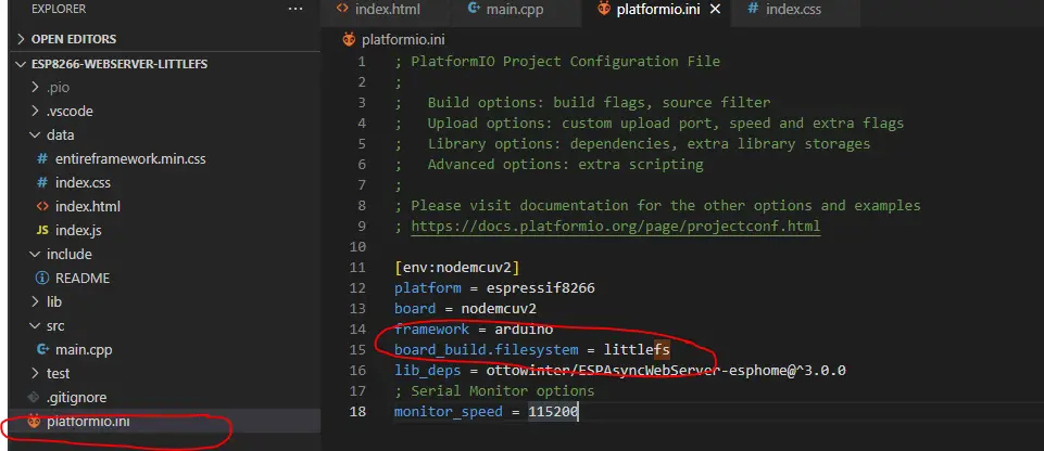 platformio.ini set filesystem to littlefs