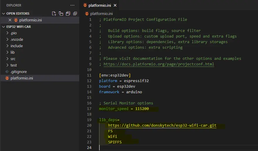 ESP32 Wifi Car Library - PlatformIO platform.ini