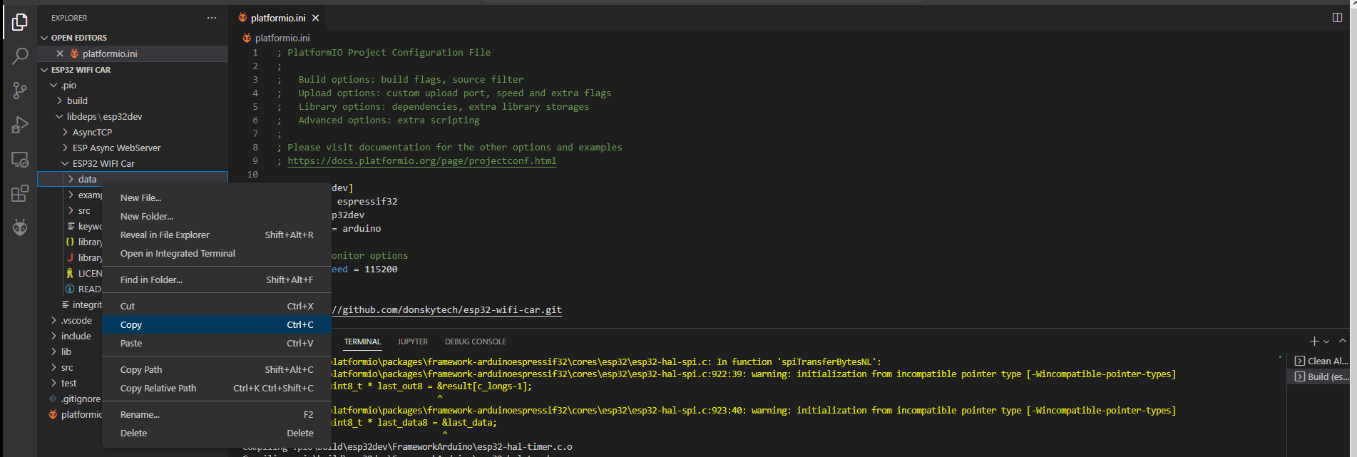 ESP32 Wifi Car Library - PlatformIO Copy data folder