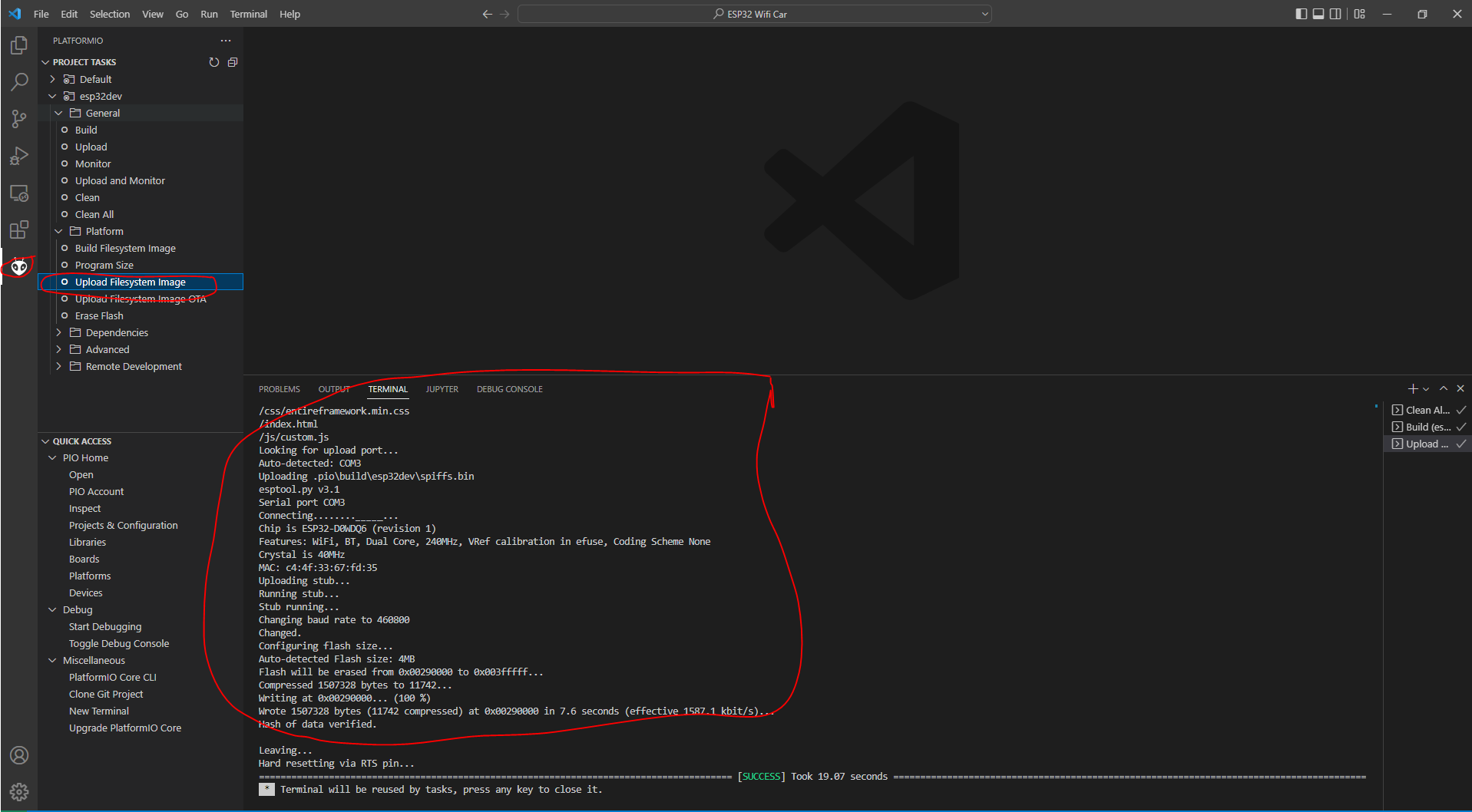 ESP32 Wifi Car Library - PlatformIO Upload FileSystem Image
