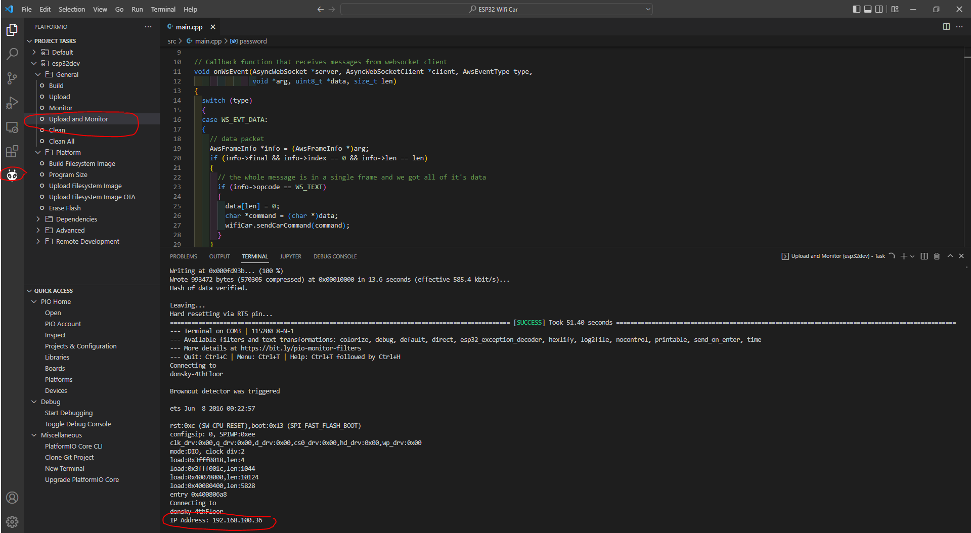 ESP32 Wifi Car Library - PlatformIO Upload and Monitor