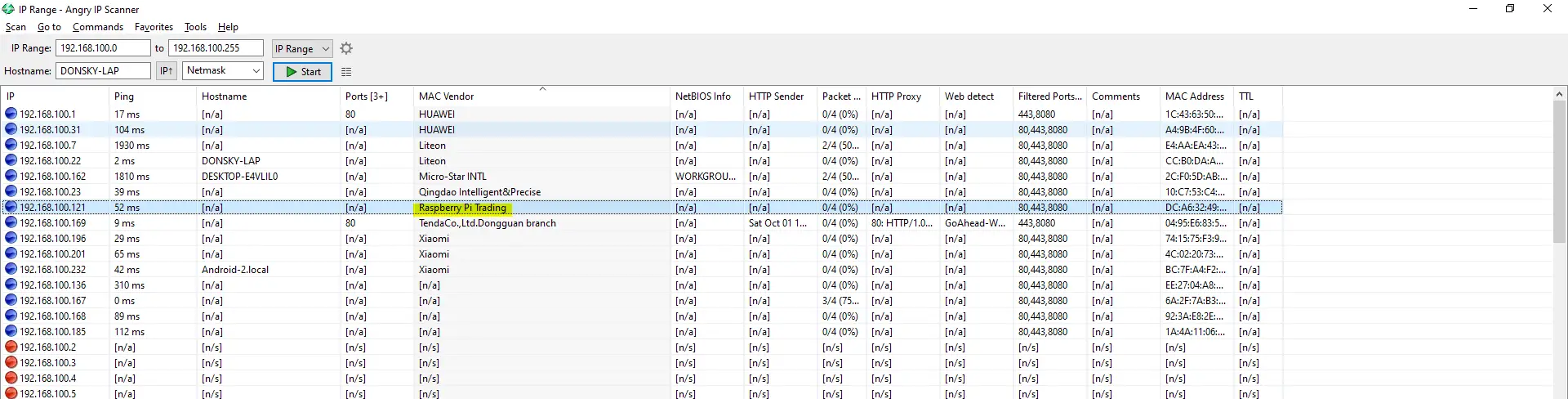 Angry IP Scanner - Show Raspberry pi address