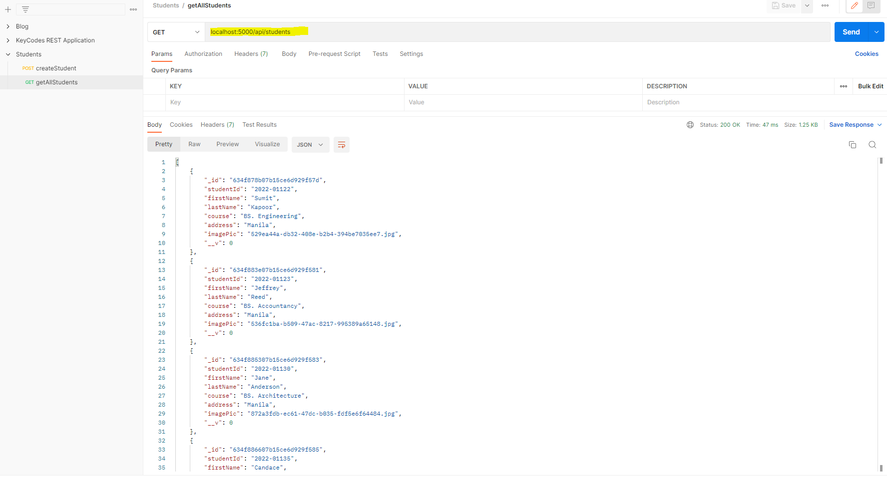 Postman - Get All Students