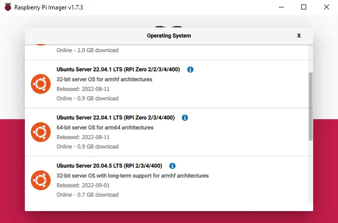 Raspberry Pi Imager - Select OS - Ubuntu