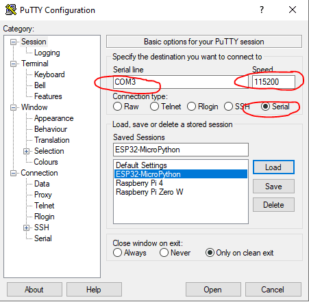 ESP32 MicroPython Putty Connection