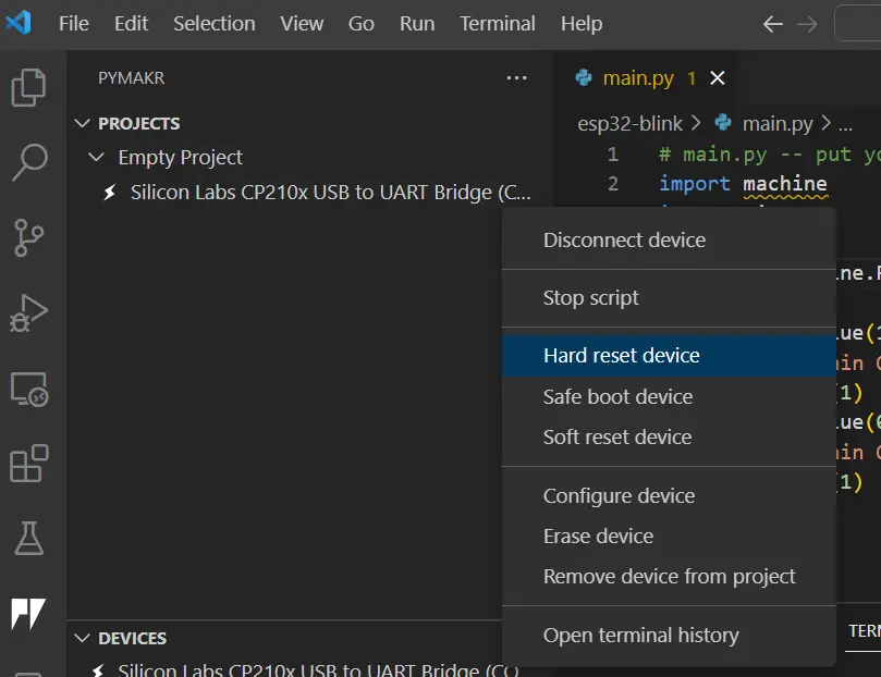 PyMakr Hard Reset