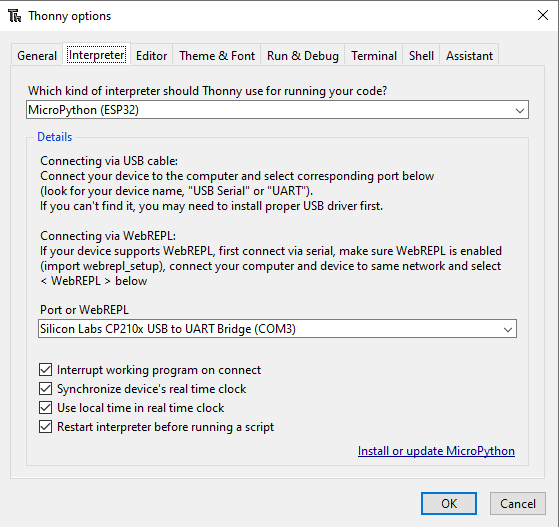 Thonny IDE Options Intepreter Tab