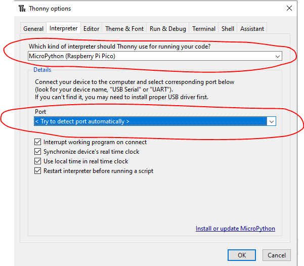 Thonny Configure Interpreter Options