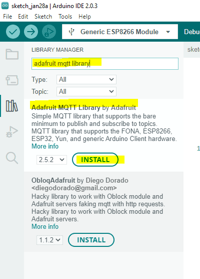 Arduino IDE Install Adafruit MQTT library