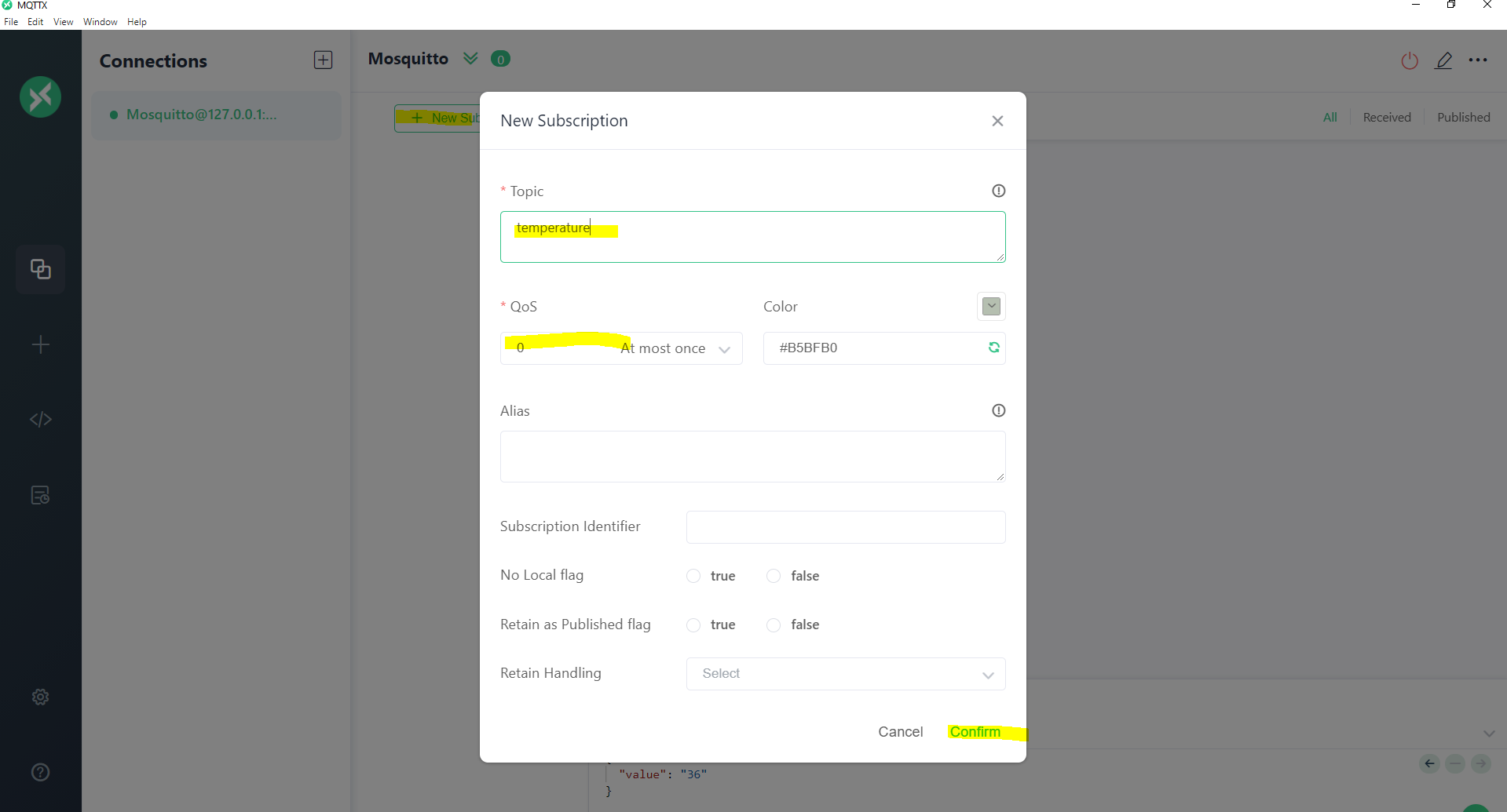 MQTTX New Subscription