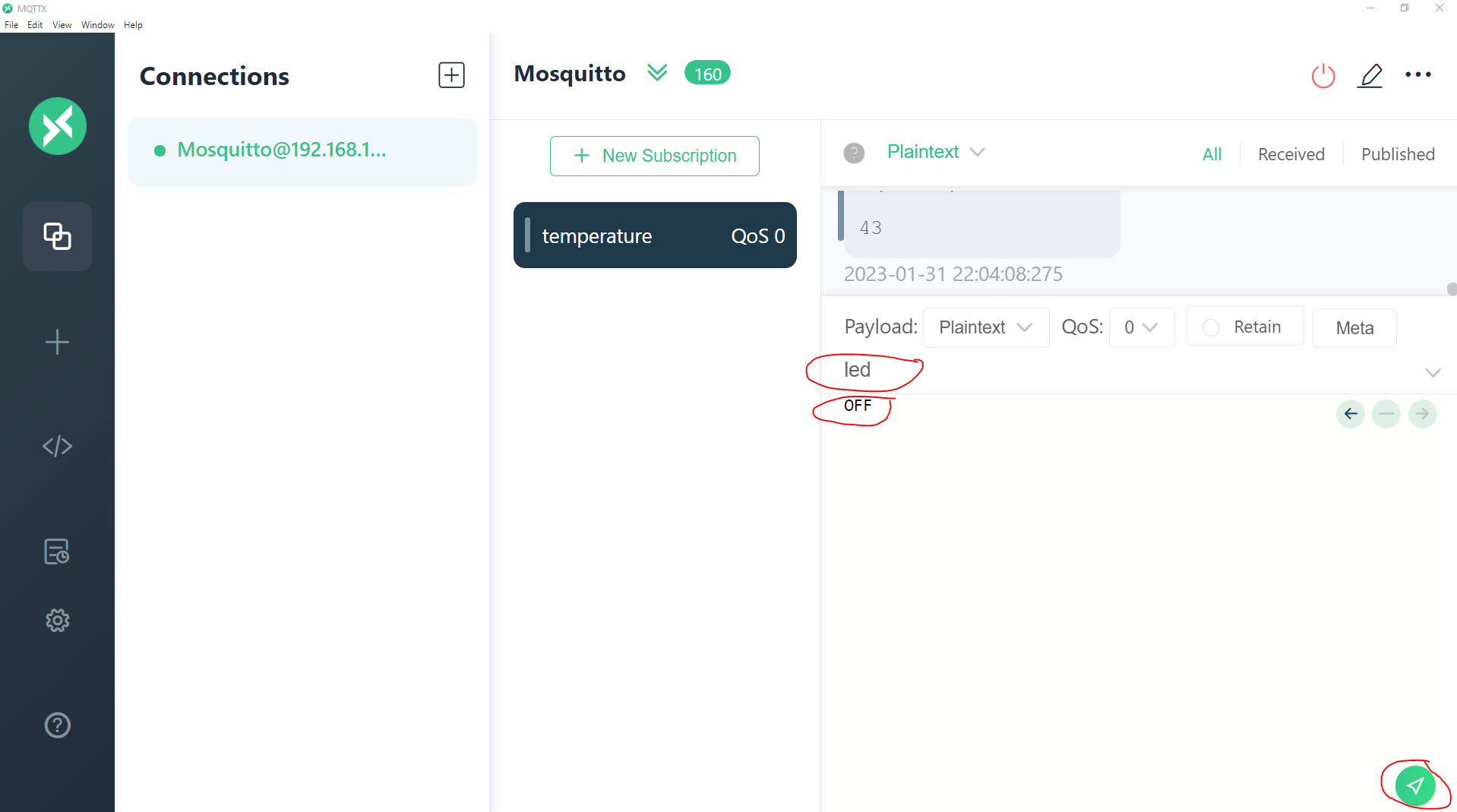 MQTTX Publish to LED topic - OFF