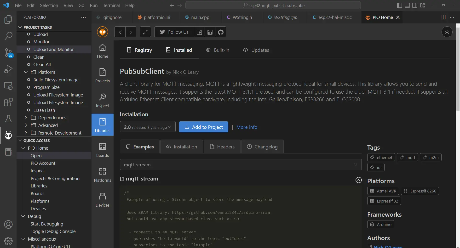 PlatformIO Add PubSub MQTT Library - Arduino Framework