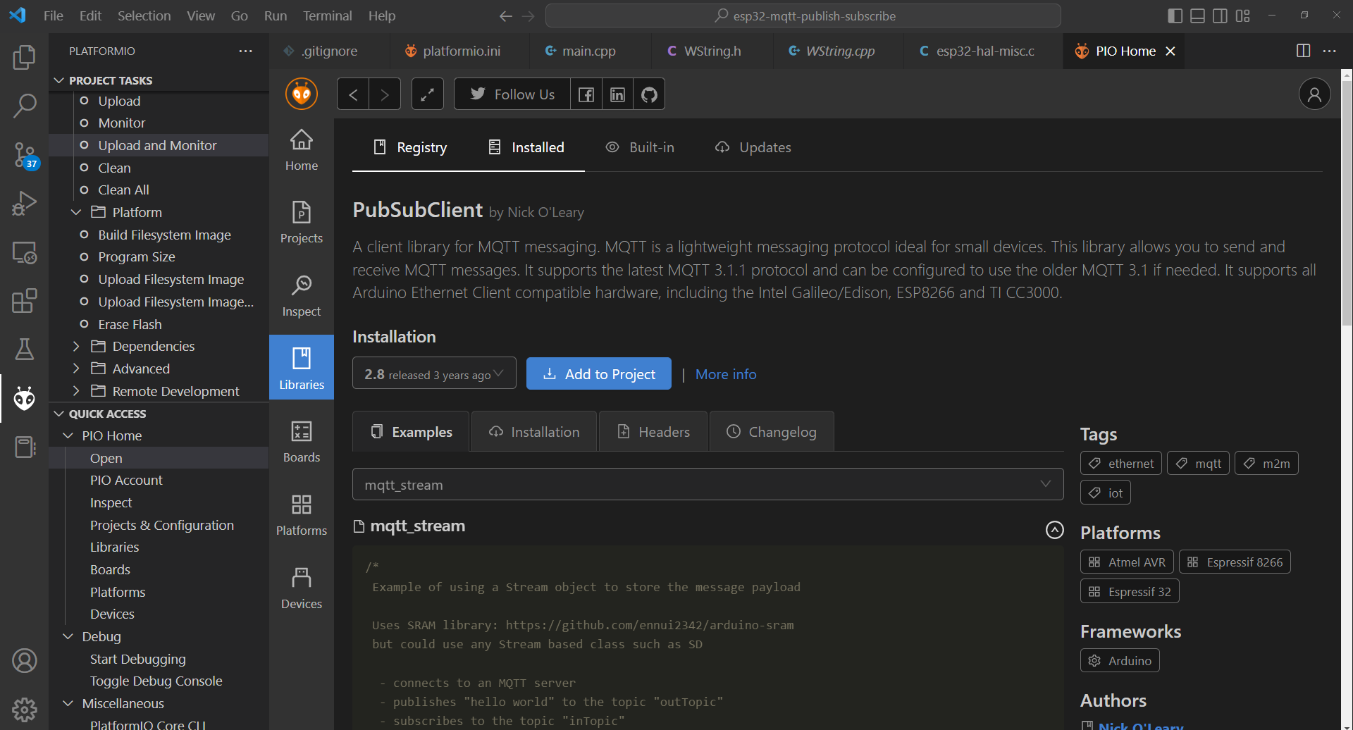 PlatformIO Add PubSub MQTT Library - Arduino Framework