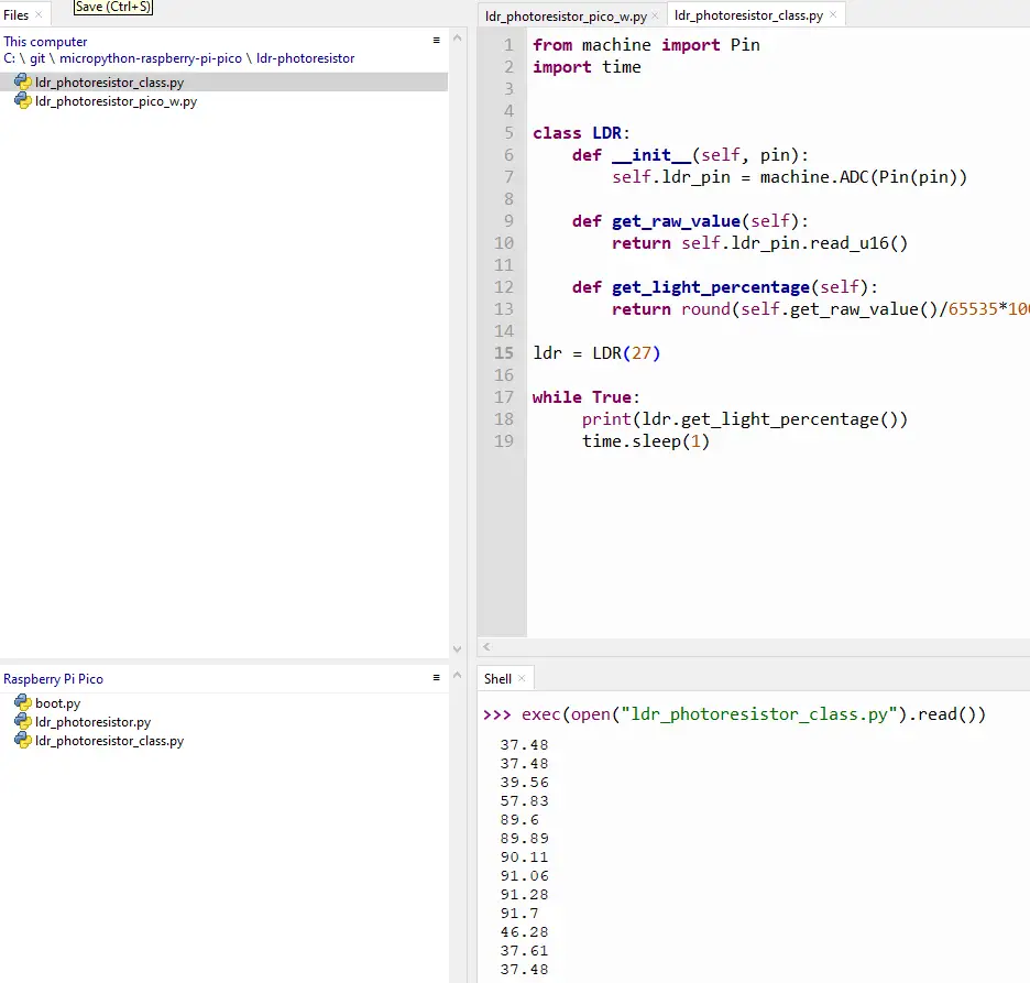 MicroPython LDR Sample Read Percentage