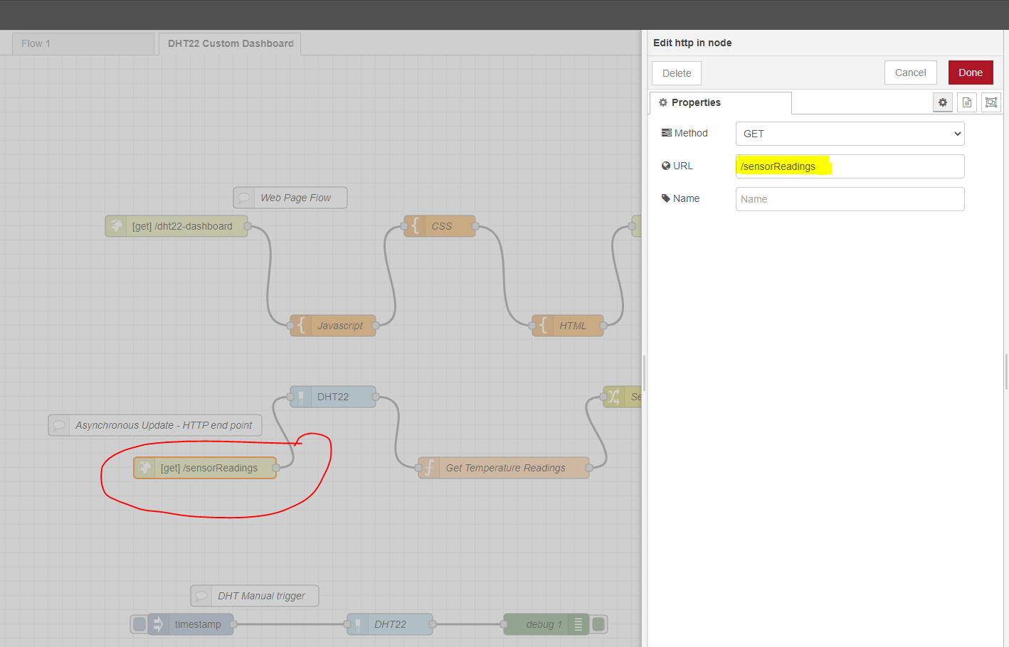 Node Red HTTP In Sensor Readings