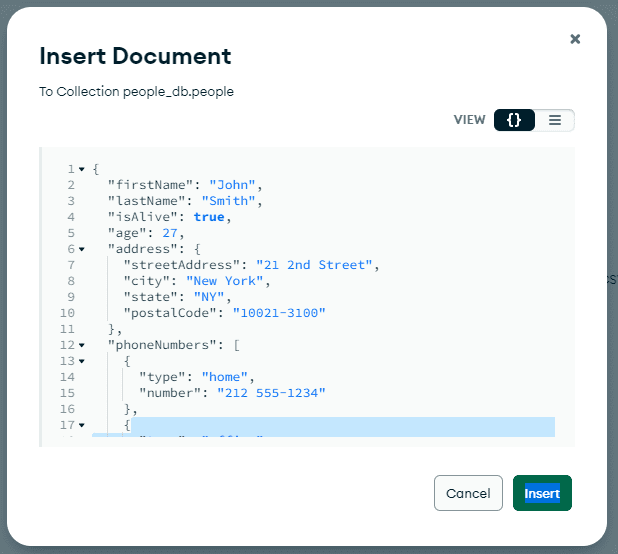 MongoDB Compass Insert Single Document