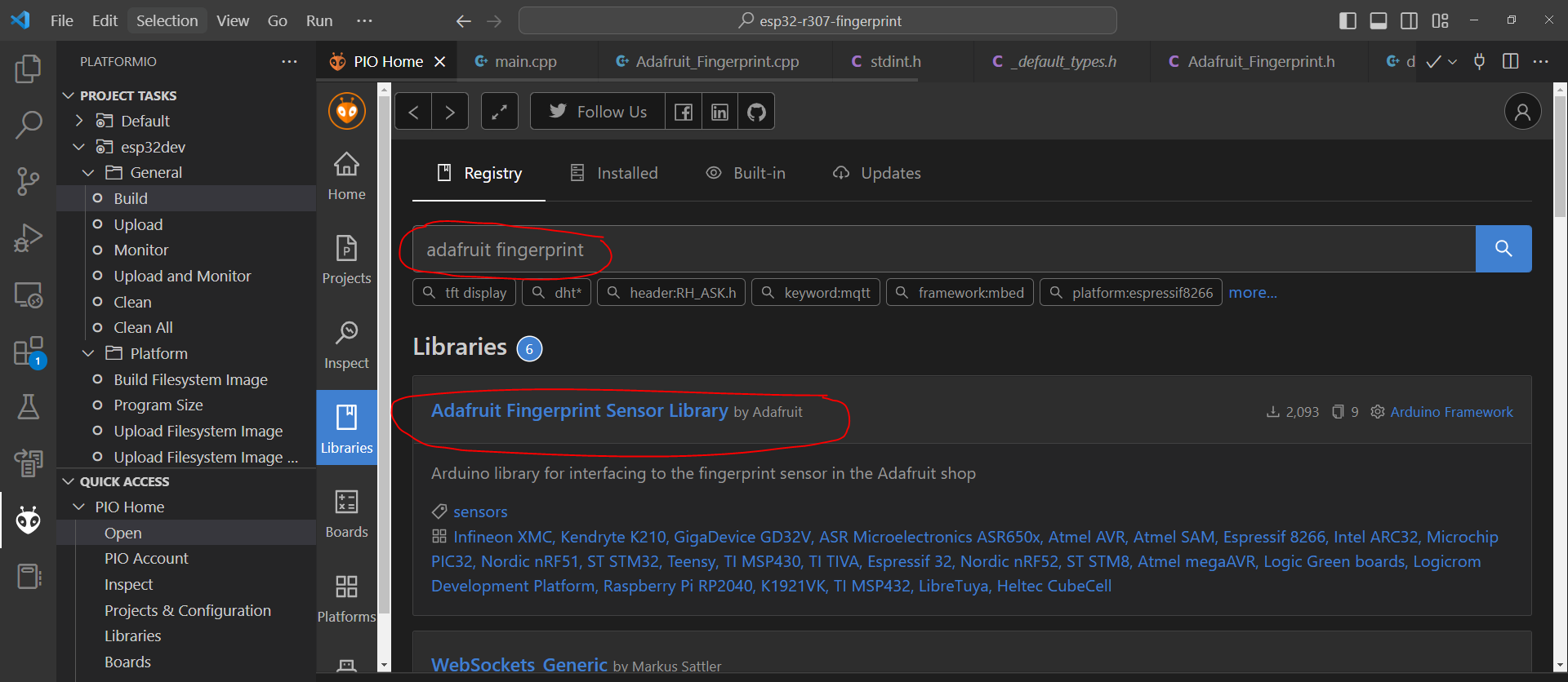 PlatformIO Add Adafruit Fingerprint Sensor Library