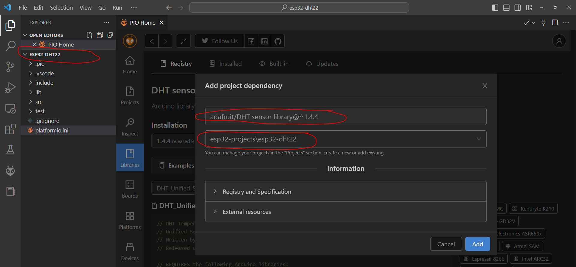 PlatformIO Install DHT22 Library - Add to project