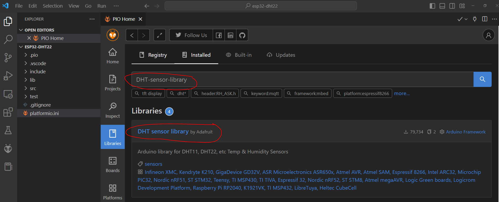 PlatformIO Install DHT22 Library