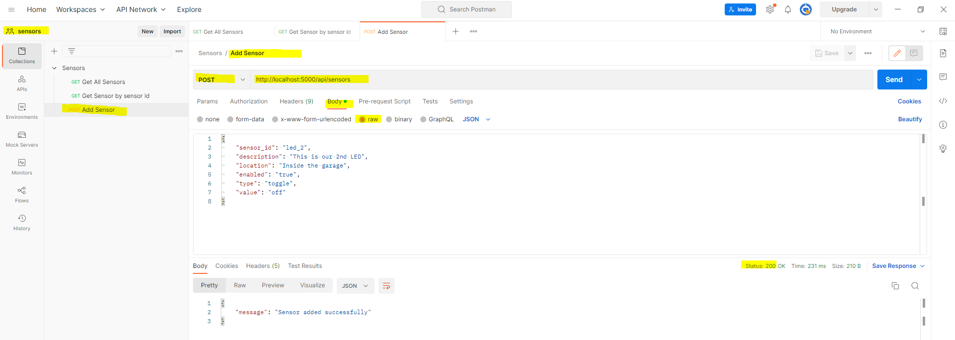 Postman - Add Sensor