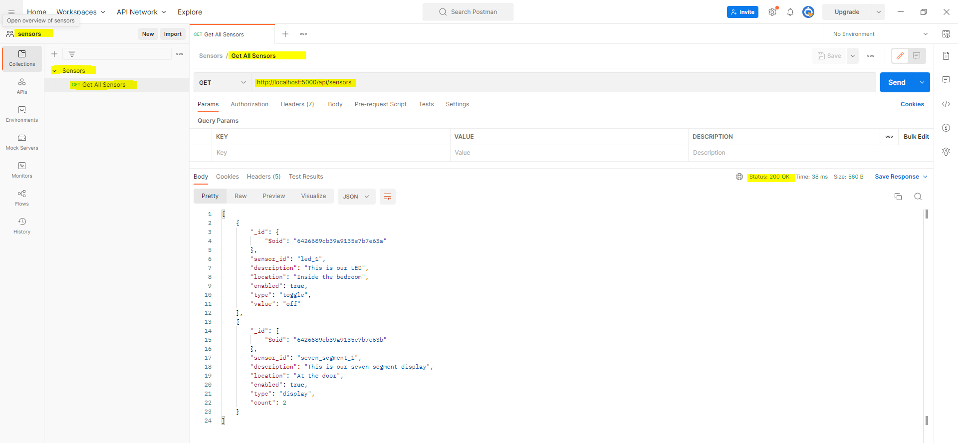 Postman - Get All Sensors