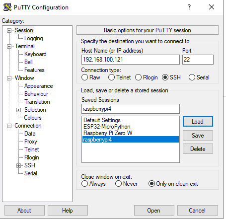 Putty Raspberry Pi 4 Connection