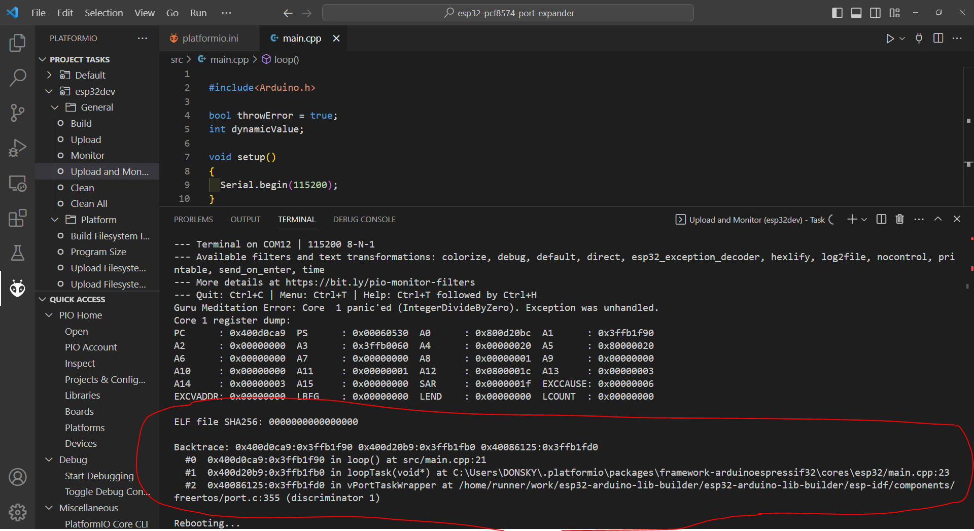 PlatformIO ESP32 Exception Decoder