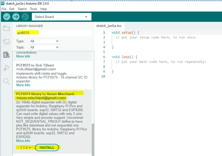 Arduino IDE 2 - Install PCF8575 Library