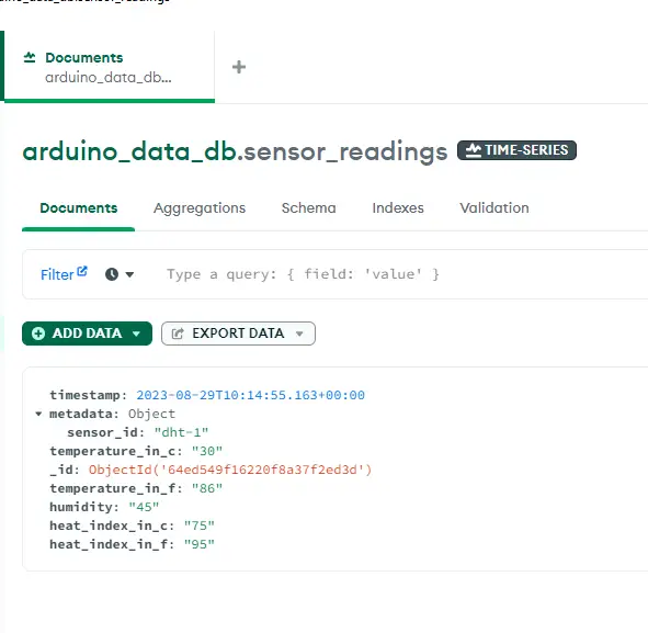 Arduino MongoDB Data Sample Record