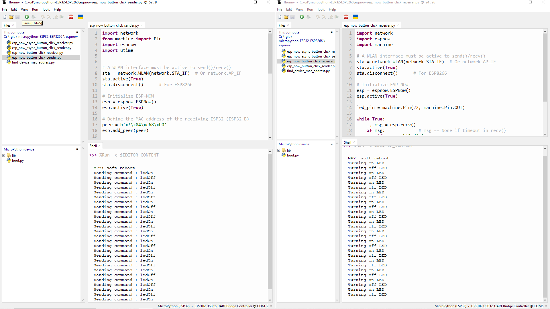 ESP-NOW MicroPython Thonny Logs