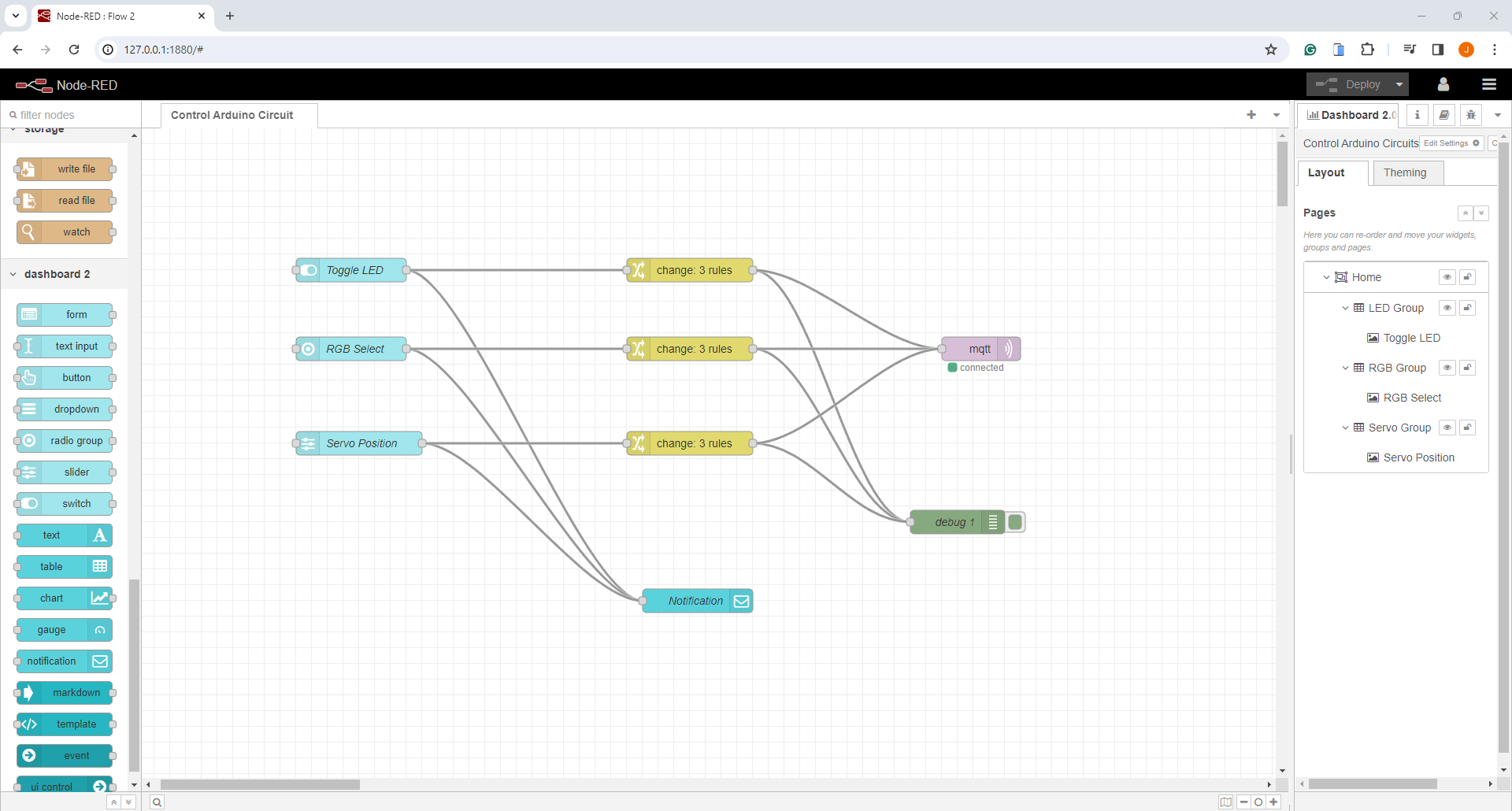 Node-Red Flow to control arduino circuit using MQTT