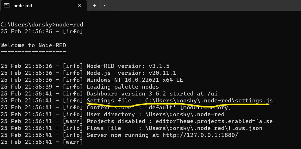 Node-Red settings file